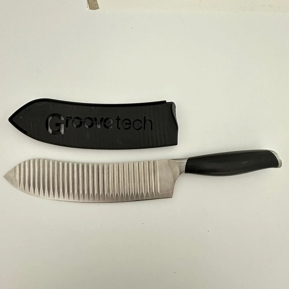Groovetech Santoku Knife 7 inch Non-Stick Grooved Blade with Sheath Silver Black